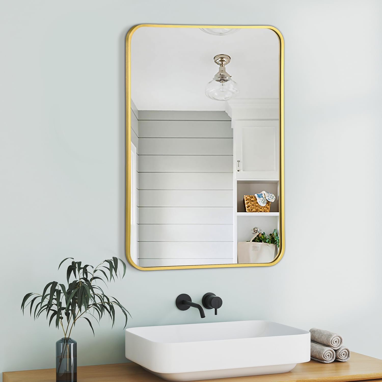 Bathroom Mirror 20 x28 Inch Rectangle Mirror Wall Mirror Gold Vanity Wall Square Mirror Brushed Metal Frame Anti-Rust Tempered Glass Hangs Mirror for Bathroom Bedroom Entryway Living Room Gold Rectangle 02 28"L x 20"W