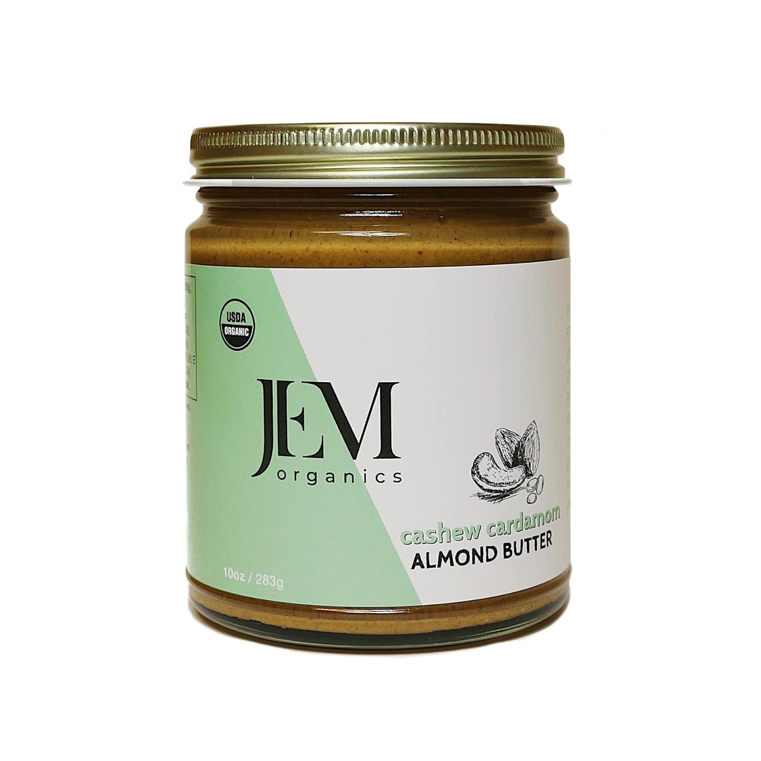 JEM Organics Cashew Cardamom Sprouted Almond Nut Butter, Organic, All Natural,Gluten-Free, Vegan, Paleo, Keto Snack, 10 oz Jar, Single Pack