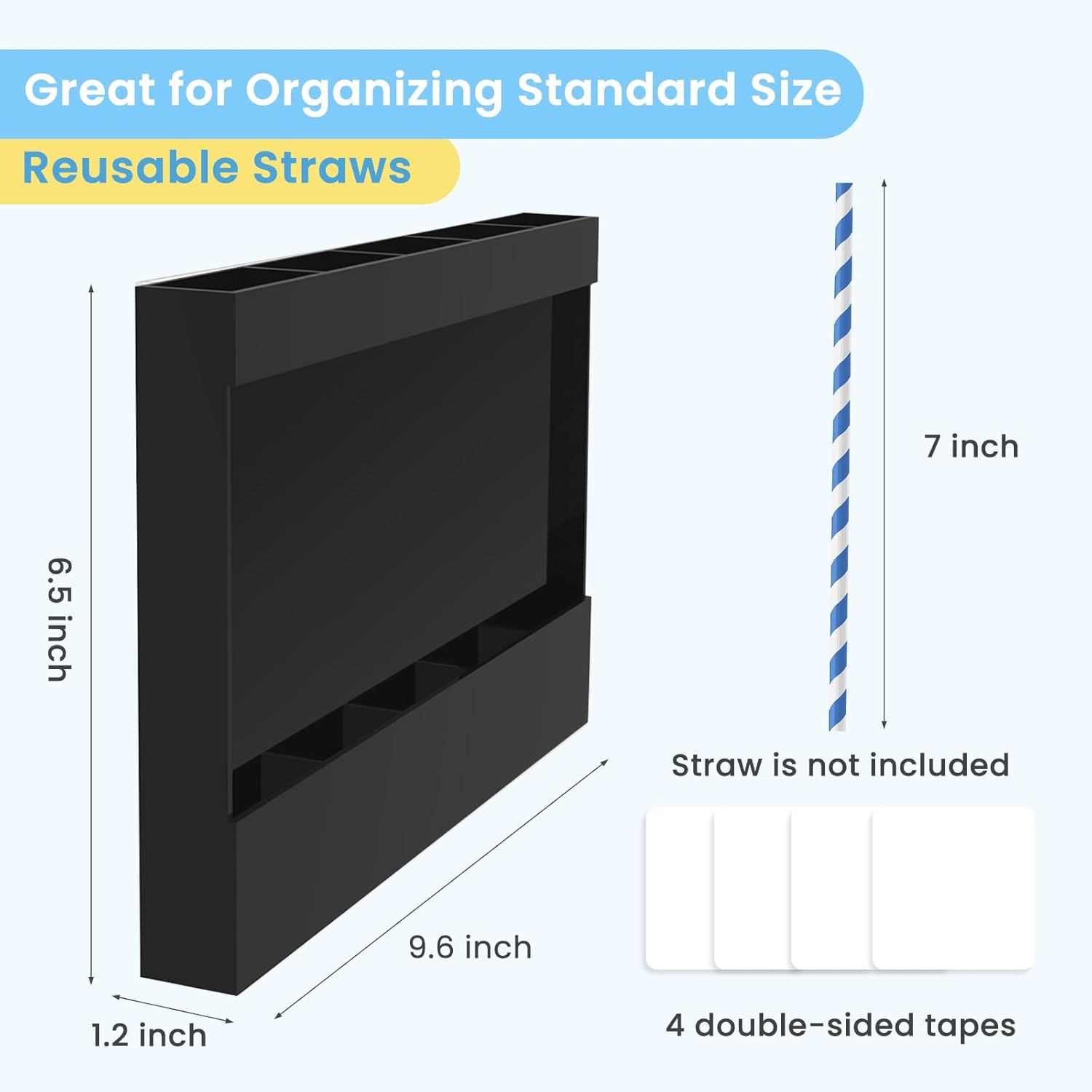 Acrylic Straw Holder for Cabinet, Reusable Straw Organizer with Double Sided Adhesive Tape Tumbler Straws Storage Container for Cupboard Drinking Straws Dispenser for Kitchen Counter (Black) - Image 4