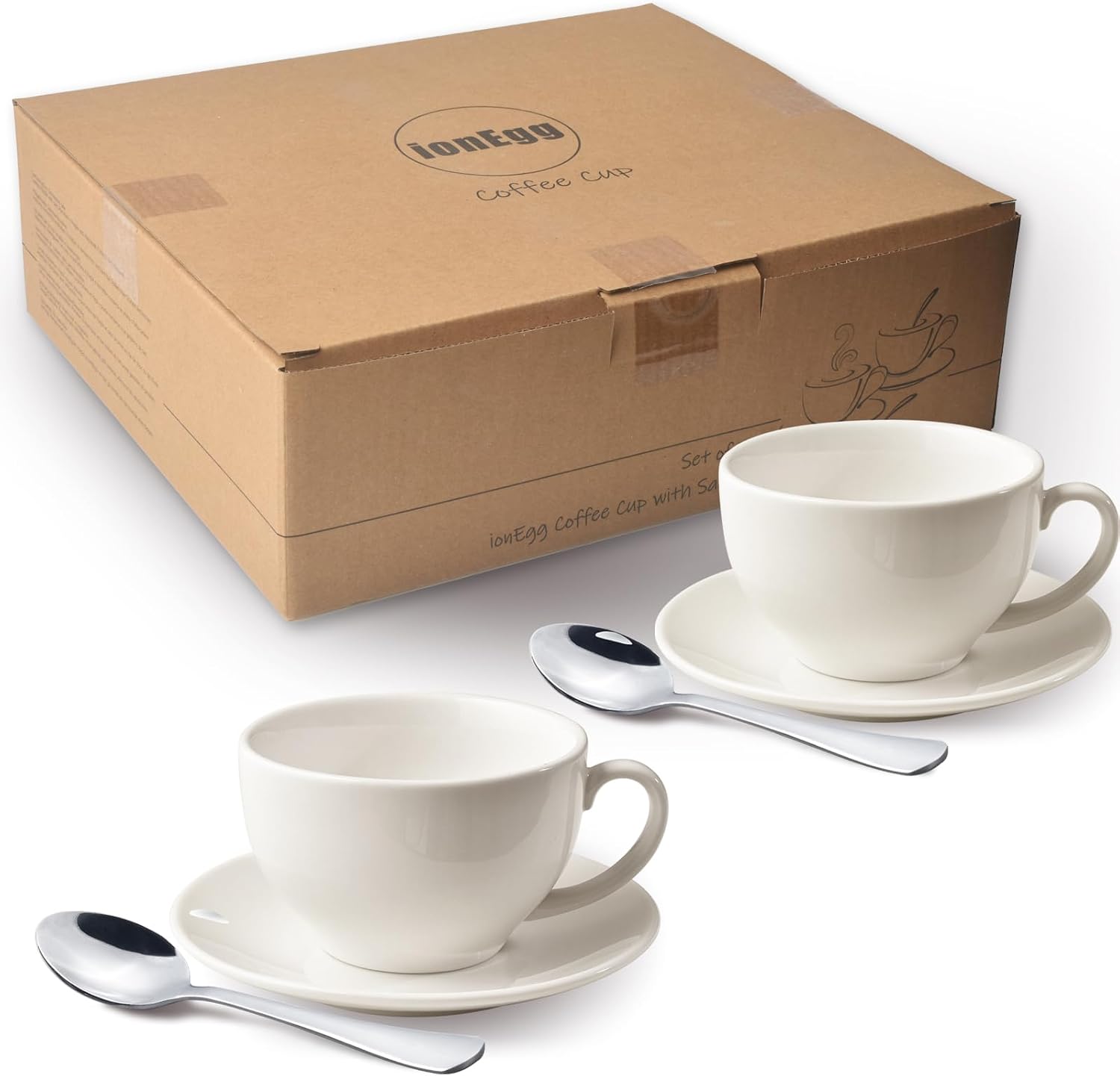 ionEgg Porcelain Coffee Cup with Saucer 220ml/7.3oz for Cappuccino, Latte, and Tea, White, Set of 2