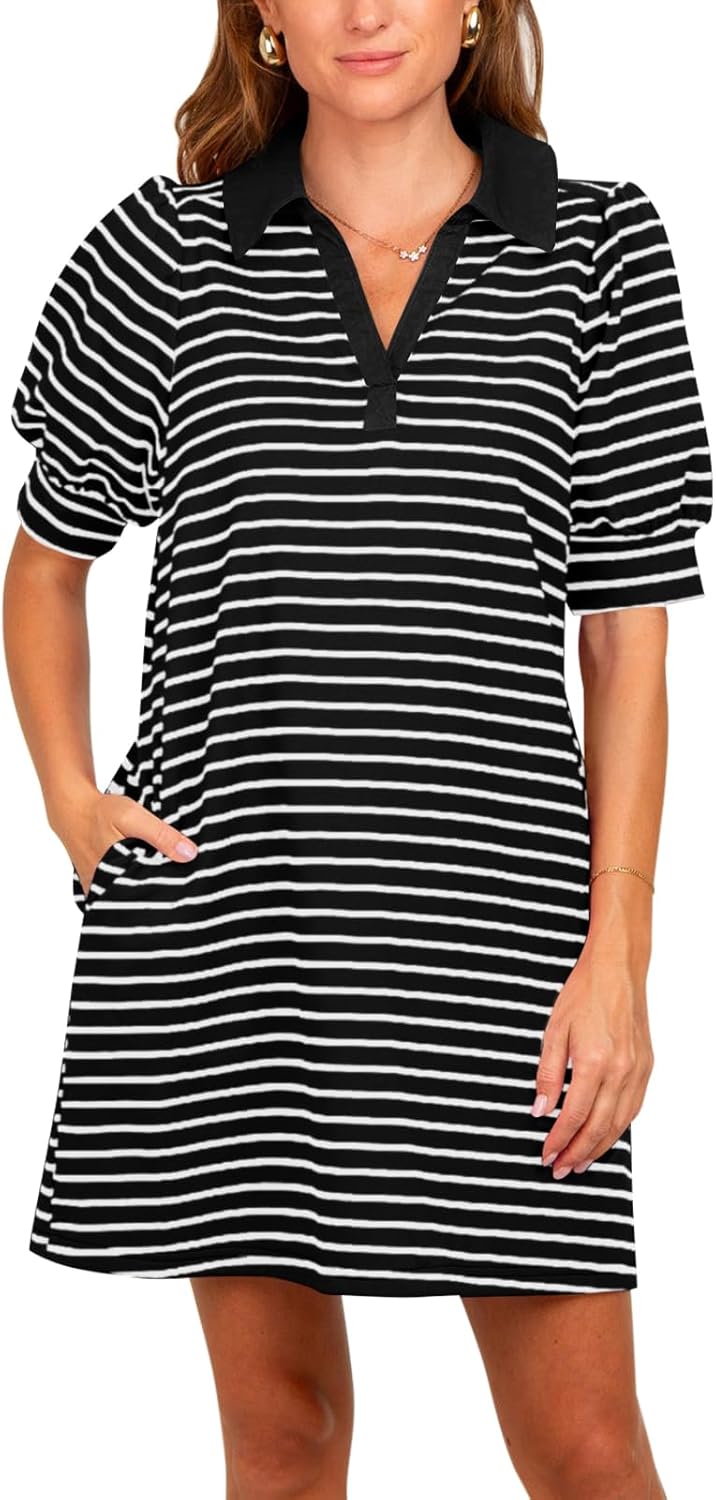 Yousify Women's Summer Lapel Collared V Neck Striped Dress Casual Puff Short Sleeve Polo Tshirt Dresses with Pockets
