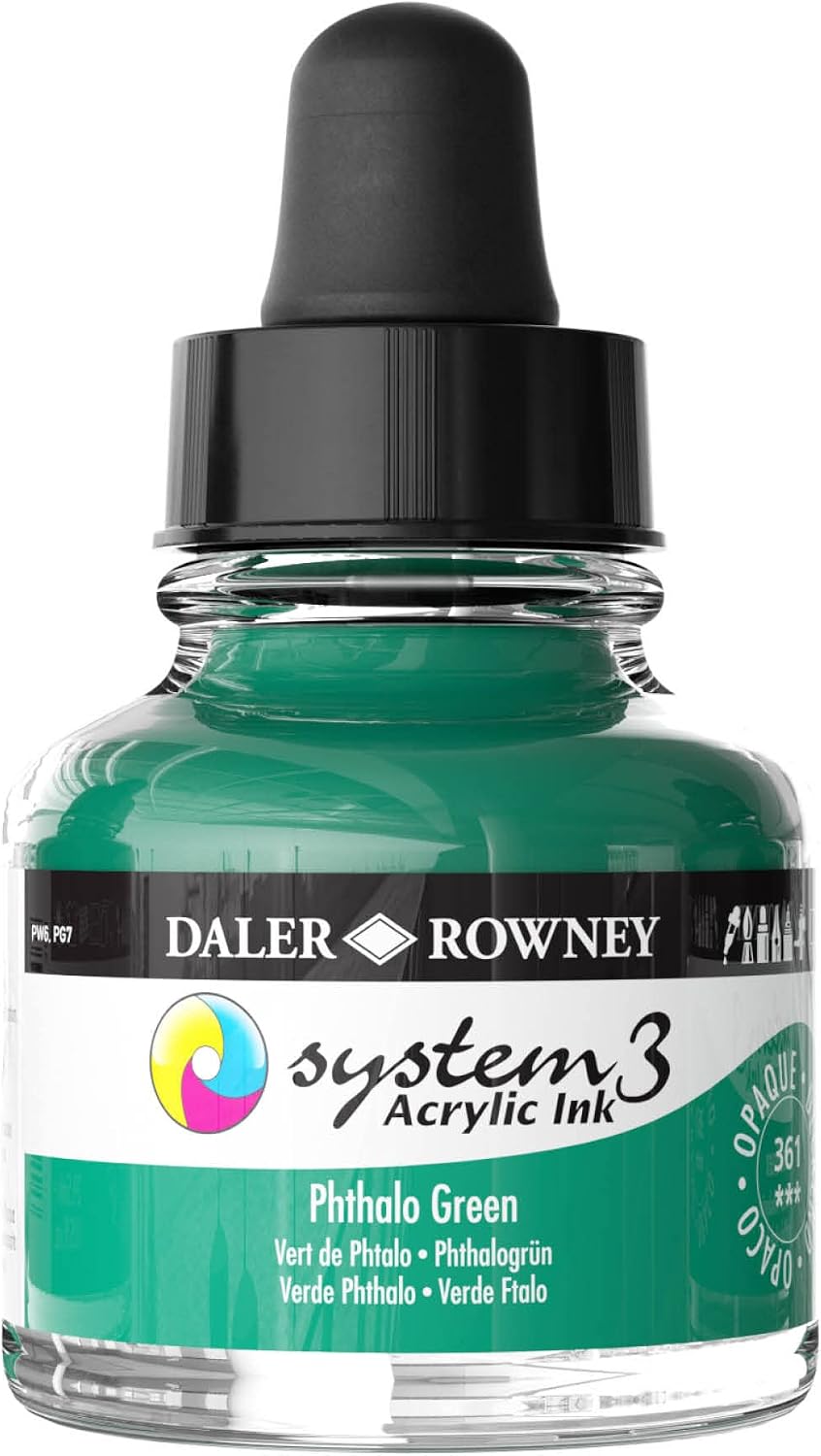 Daler-Rowney System3 Acrylic Ink Bottle Phthalo Green 29.5ml - Versatile Acrylic Ink for Artists and Students - Opaque Calligraphy Ink for Drawing Illustrating Airbrushing Dip Pen Ink and More