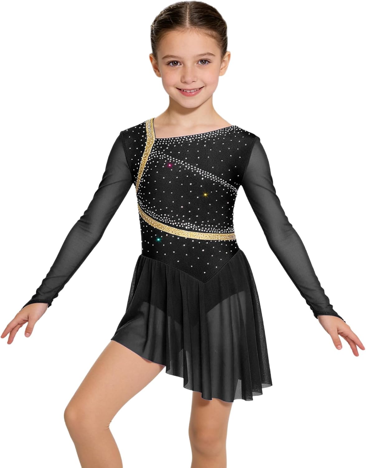 FEESHOW Kids Girls Figure Ice Skating Dress Long Sleeve Shiny Rhinestones Backless Asymmetrical Ballet Skirted Leotard