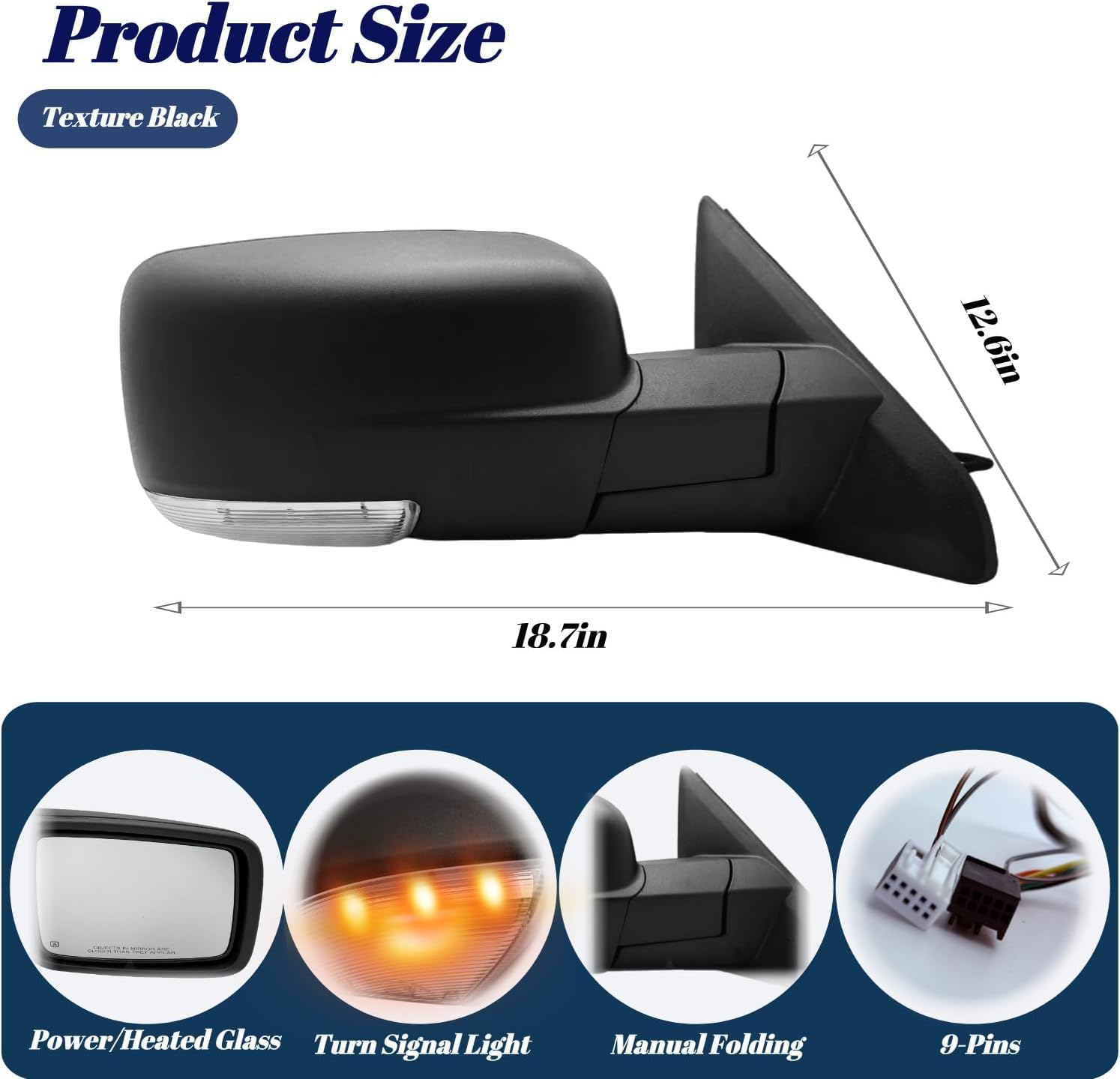 Passenger Side Mirror Compatible With 2013-2018 Dodge Ram 1500 2500 3500 With Manual Folding Power Glass Heated Turn Signal Light Puddle Light Texture Black (9 pins)