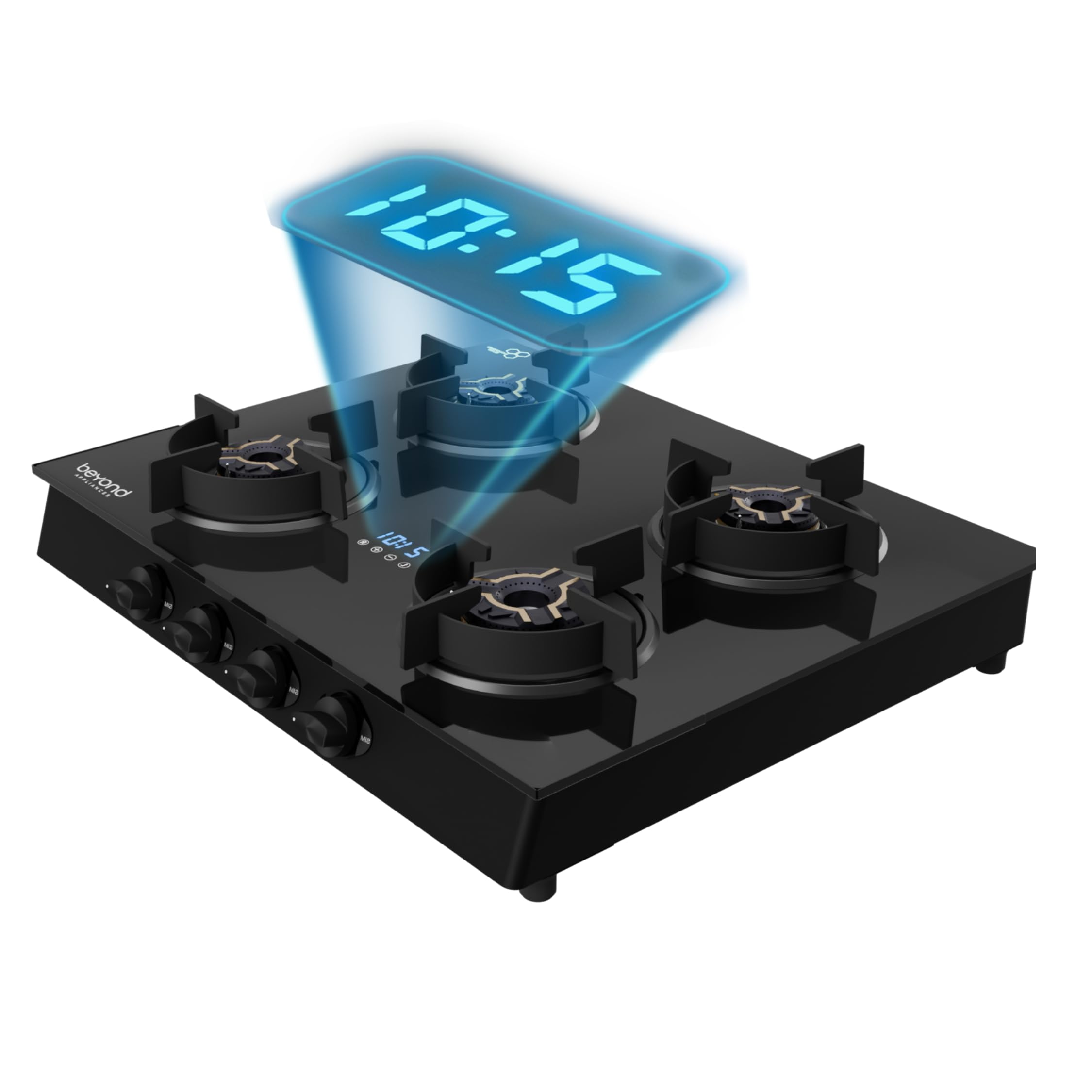 Beyond Appliances Auriga Pro 4 Burner Smart Glass Gas Stove | Auto Ignition | Digital Timer | Flame Failure Device | Toughened Glass | ISI Certified | LPG & PNG Compatible Cooktop | PAN India Service-image-1