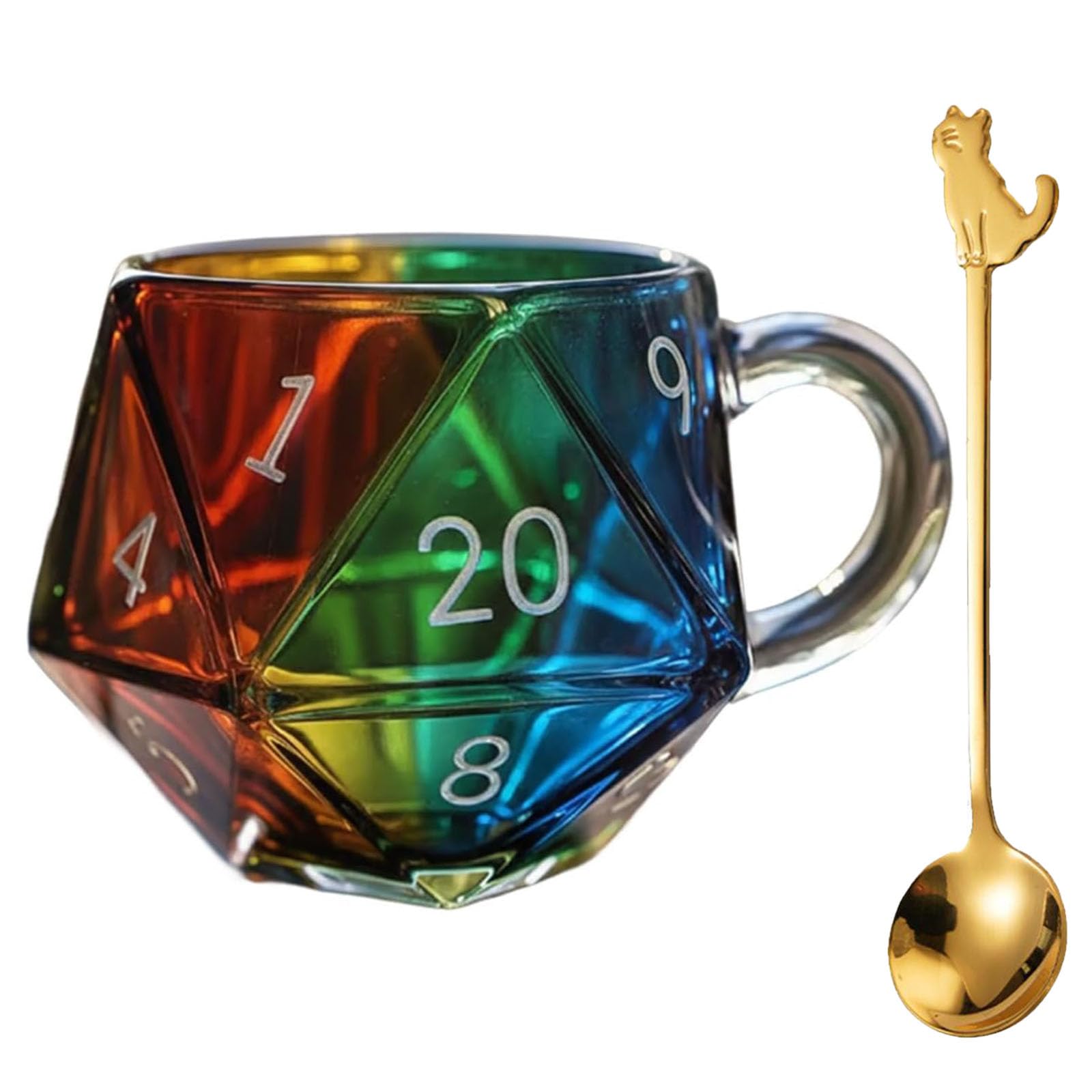 Mug dés polyédriques D20 arc-en-ciel café verre transparent pour jeu de rôle RPG
