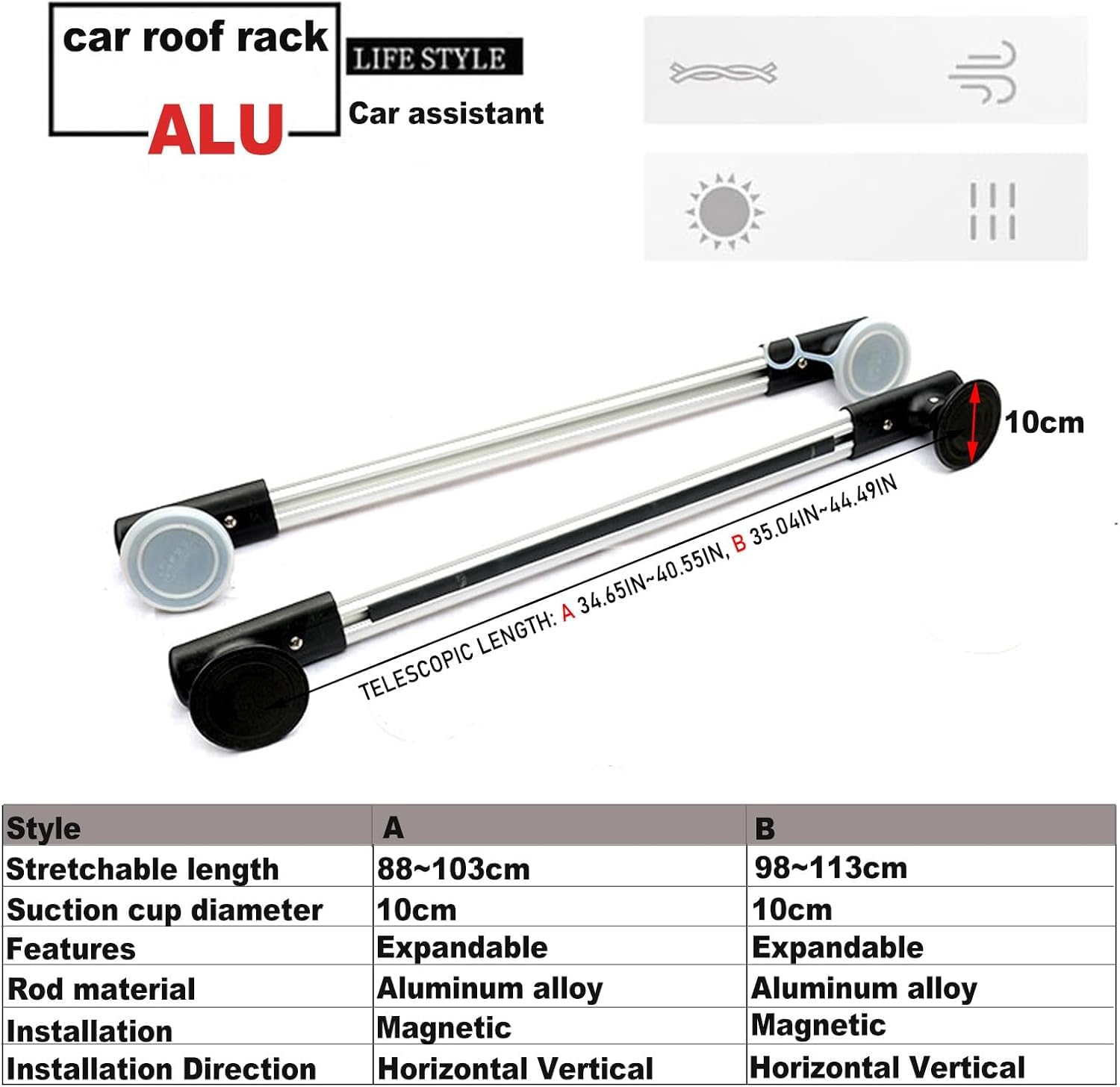 Baca de Coche Magnetismo, Barras de Techo Universales de Aluminio, Longitud Ajustable Vehículos de Bacas portaequipajes para Kayak, Tabla de Surf, Canoa, Snowboard, Paddle Board (2, 100-115cm)