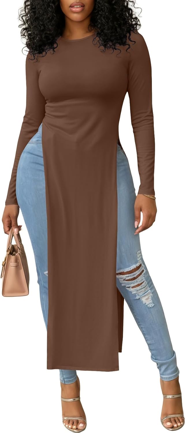 OPOIPIN Women's Crew Neck Split Slit Hem Long Sleeve Slim Fit Blouse Long Shirt Tunic Top Solid Dark Brown X-Large