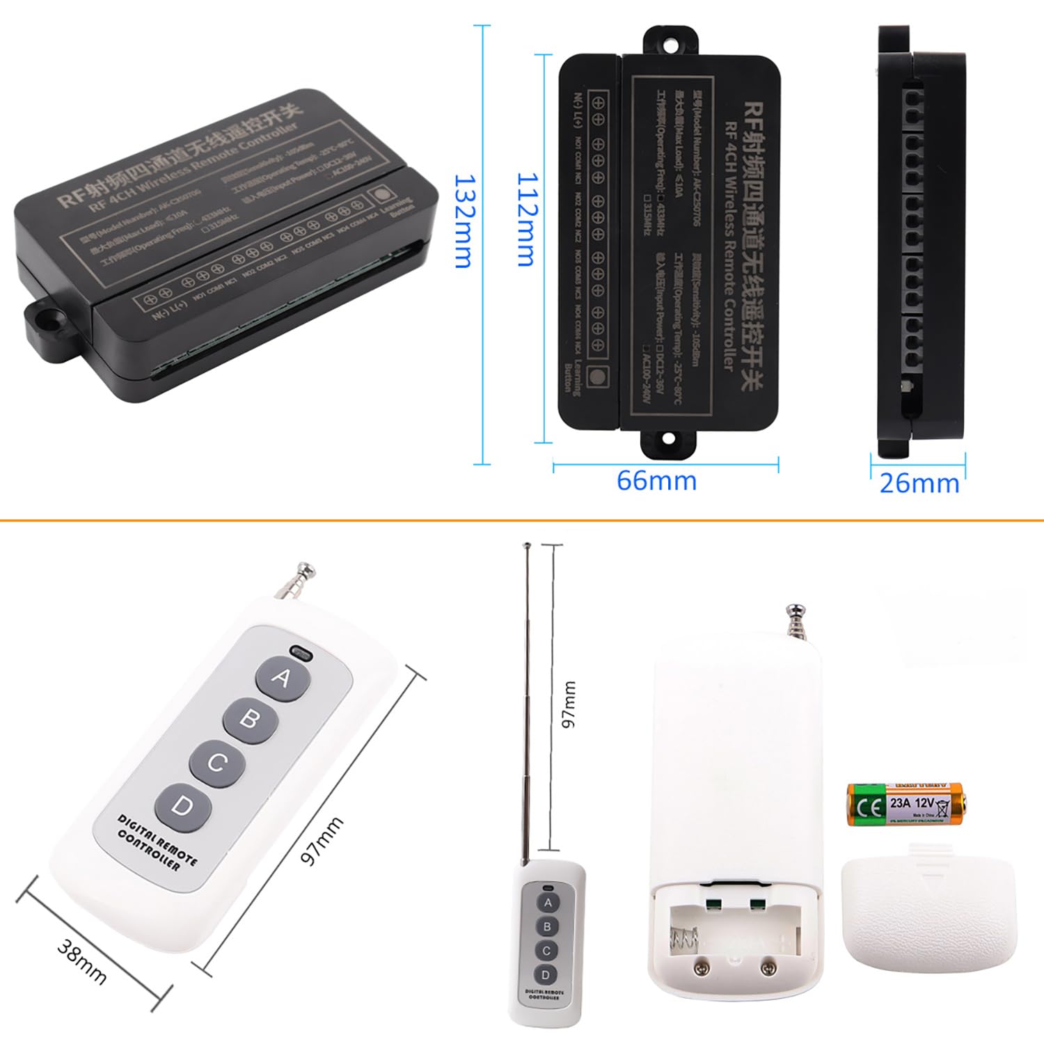 AC 110V 4CH Remote Control Switch,Quick Connector Wire Terminal,433Mhz 10A 220V 100V-240V Wireless Remote Control Switch Industrial Control for Garage Door Motor Opener (AC 100V-240V/ 2* Controller)