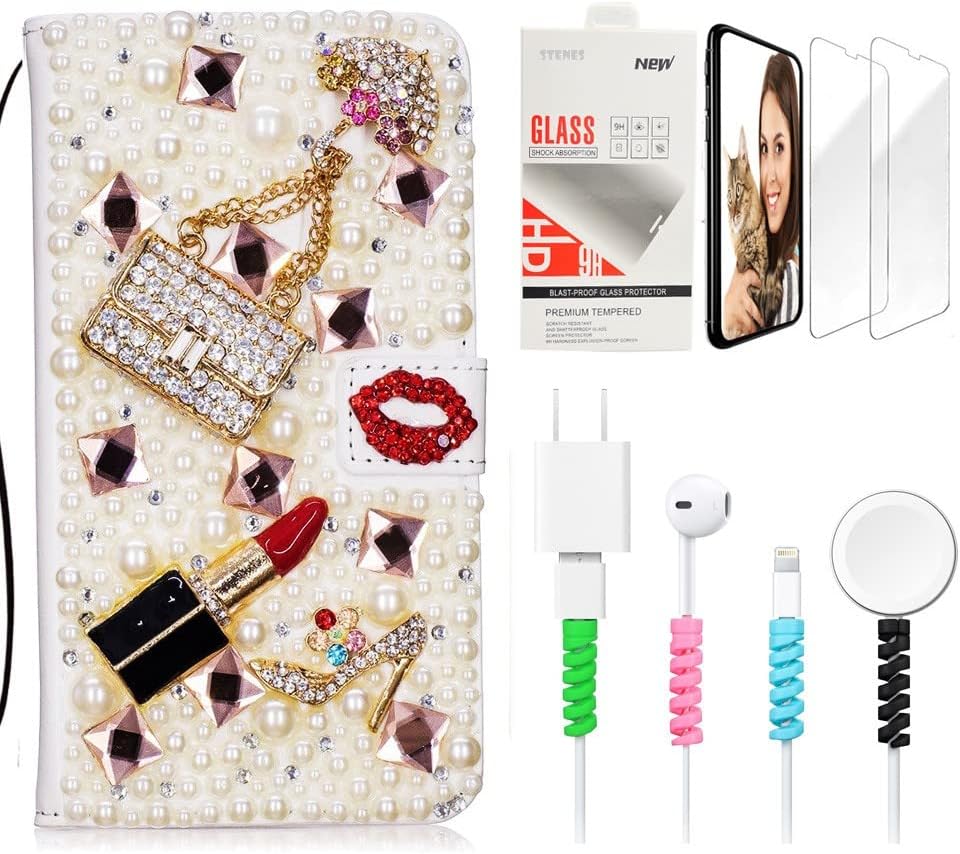 STENES Bling Wallet Phone Case Compatible with Samsung Galaxy Note 8 - Stylish - 3D Handmade Girls Bags High Heel Lips Flowers Leather Cover with Screen Protector & Cable Protector - Pink