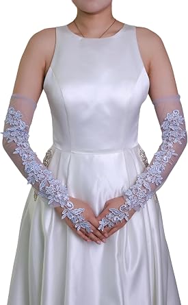 Specell Womens Long Lace Fingerless Gloves Sheer Mesh Tulle Elbow Length Gloves for Bridal Wedding Party Prom Dance Opera
