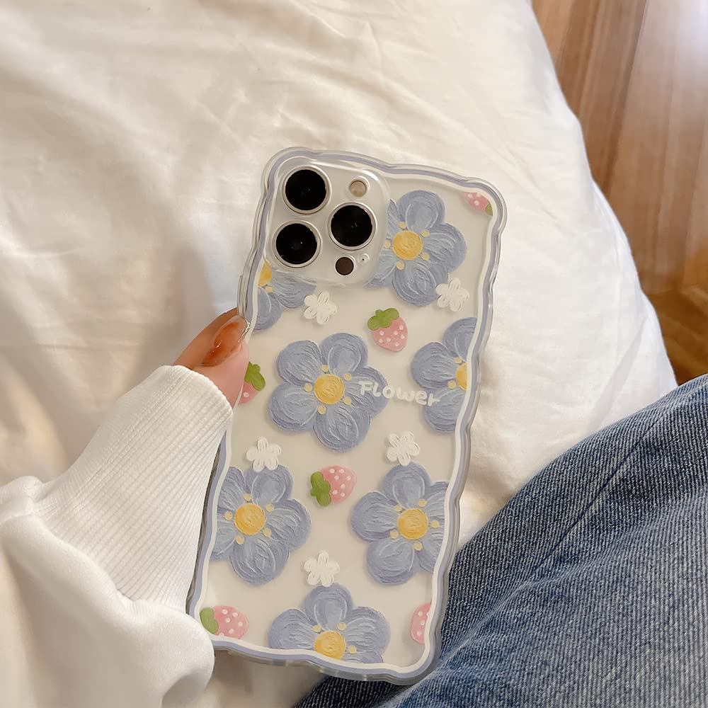 LSOUGUKCompatible with iPhone 12 Case for Women Girl,Cute Floral Flower Pattern with Full Camera Lens Protection Case Fashion Slim Soft Silicone TPU Protective Cover for iPhone 12 6.1＂-Blue