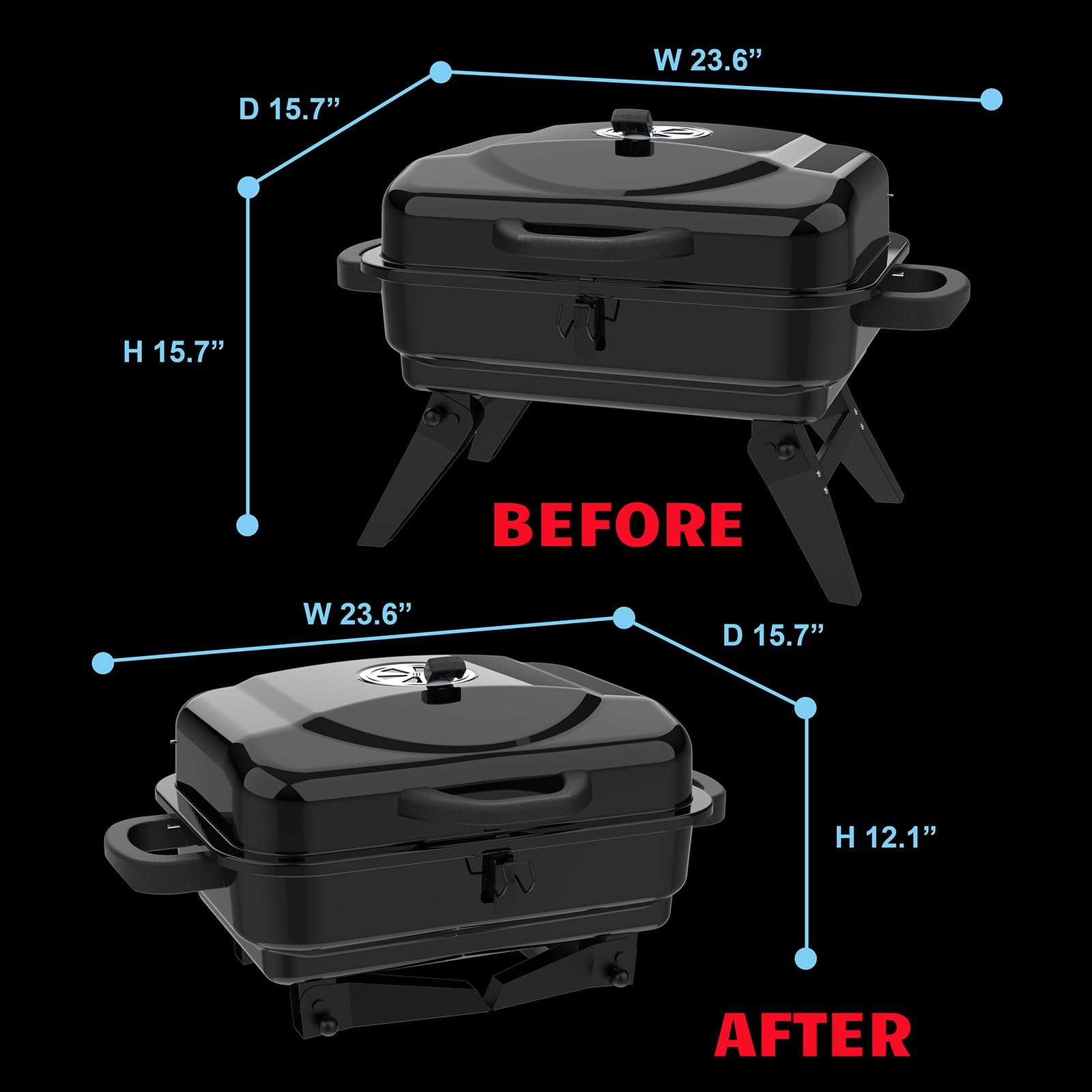 BBQCuker Griglia portatile a carbonella, doppia zona di cottura, piccola griglia da tavolo, gambe pieghevoli, sfiato regolabile, totale 343 mq. spazio di cottura, barbecue all'aperto per campeggio e