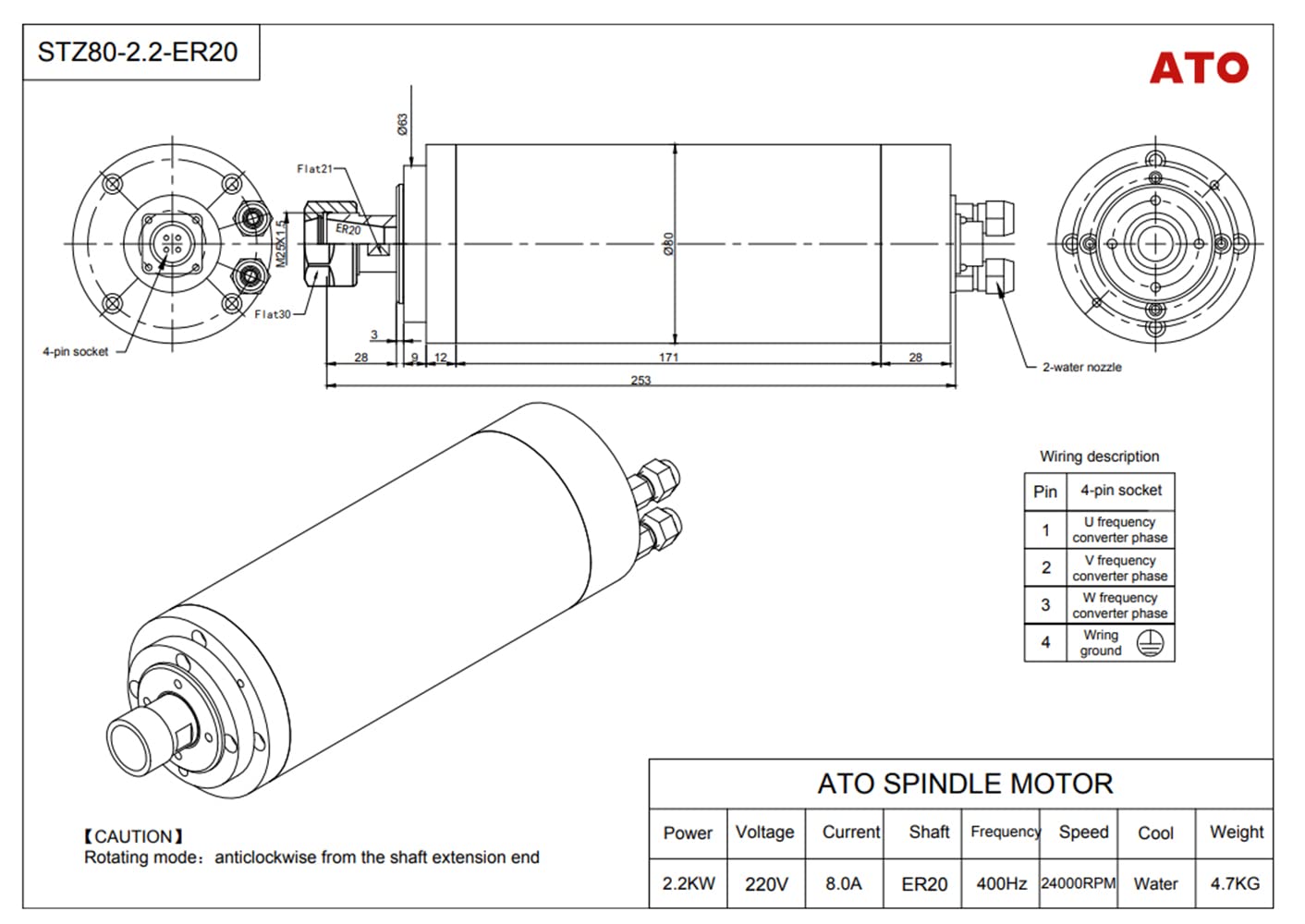 ATO CNC Spindle Motor, 2.2kW 3 Phase Water Cooled CNC Spindle Motor 380V, 24000 RPM, 400Hz, φ80 mm, ER20 Spindle Motor for CNC Machines (2.2kW 380V)