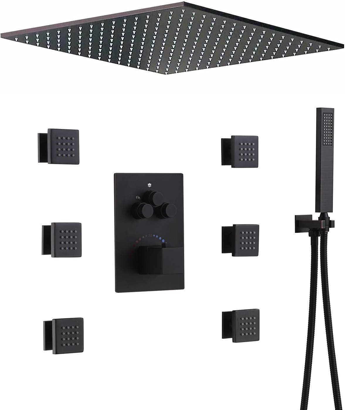 Oil Rubbed Bronze Ceiling Mount 20 Inch LED Light Shower Head 3 Way Thermostatic Shower Faucet with 6 Body Jets Each Function Work All Together and Separately