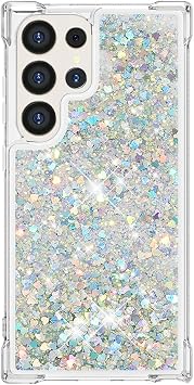 Samsung S24 Ultra Case Glitter, 3D Bling Sparkle Quicksand Flowing Liquid Clear Transparent TPU Gel Silicone ShockProof Protective Phone Case for Samsung Galaxy S24 Ultra Cover Girls, Silver