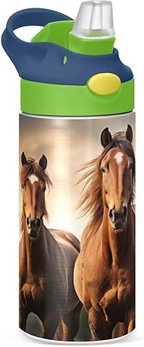 Kigai Cloudy Tree Horse - Botella de agua para niños, sin BPA, aislada al vacío, botella de agua de acero inoxidable con tapa con pajilla, botella