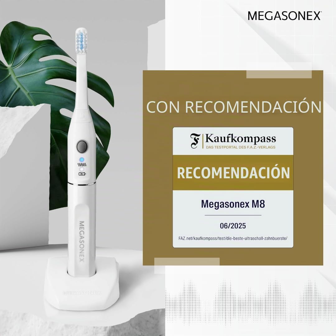 MEGASONEX Cepillo de dientes ultrasónico M8, con 2 niveles de vibración, cepillo de dientes blanco con 2 cabezales medianos