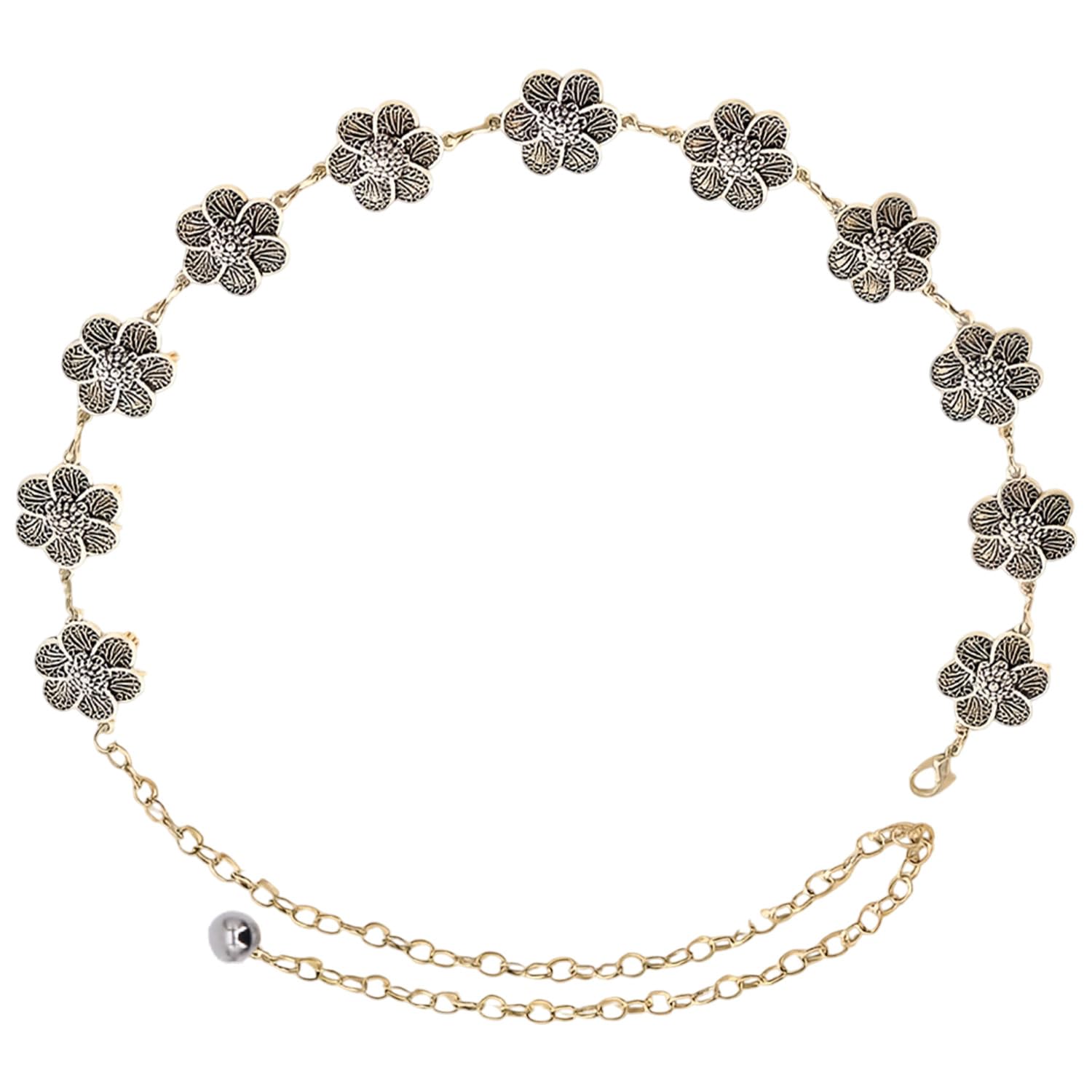 syga Women's Adjustable Waist Chain With Antique Floral Pattern Design Silver-Toned Metal Chain For Dress, Saree, Lehenga Decorative Waist Belt (Silver)-picture-22