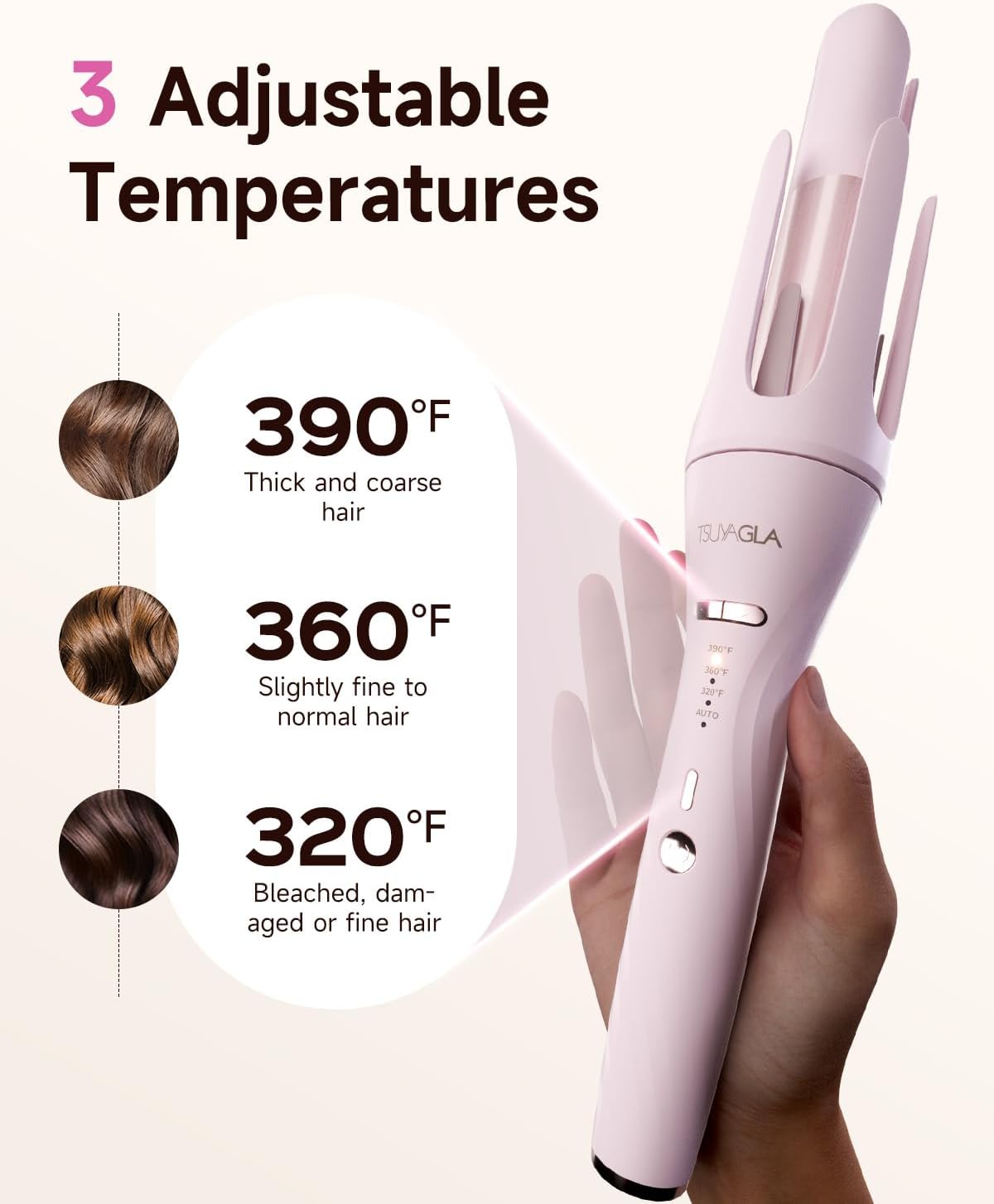 5 in 1 Auto Curling Iron Set with Interchangeable Barrels - 1", 1.25", 1.5" Curling Wand, Hair Crimper & Straightening Brush, Rotating Ceramic Curler, 3 Temp, Dual Voltage, Anti-Scald, Pink - Image 4