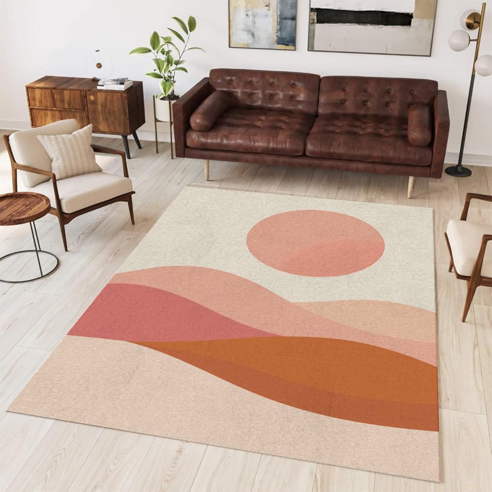 Tapis lavable vintage rose de 100 x 120 cm à motif géométrique pour salon
