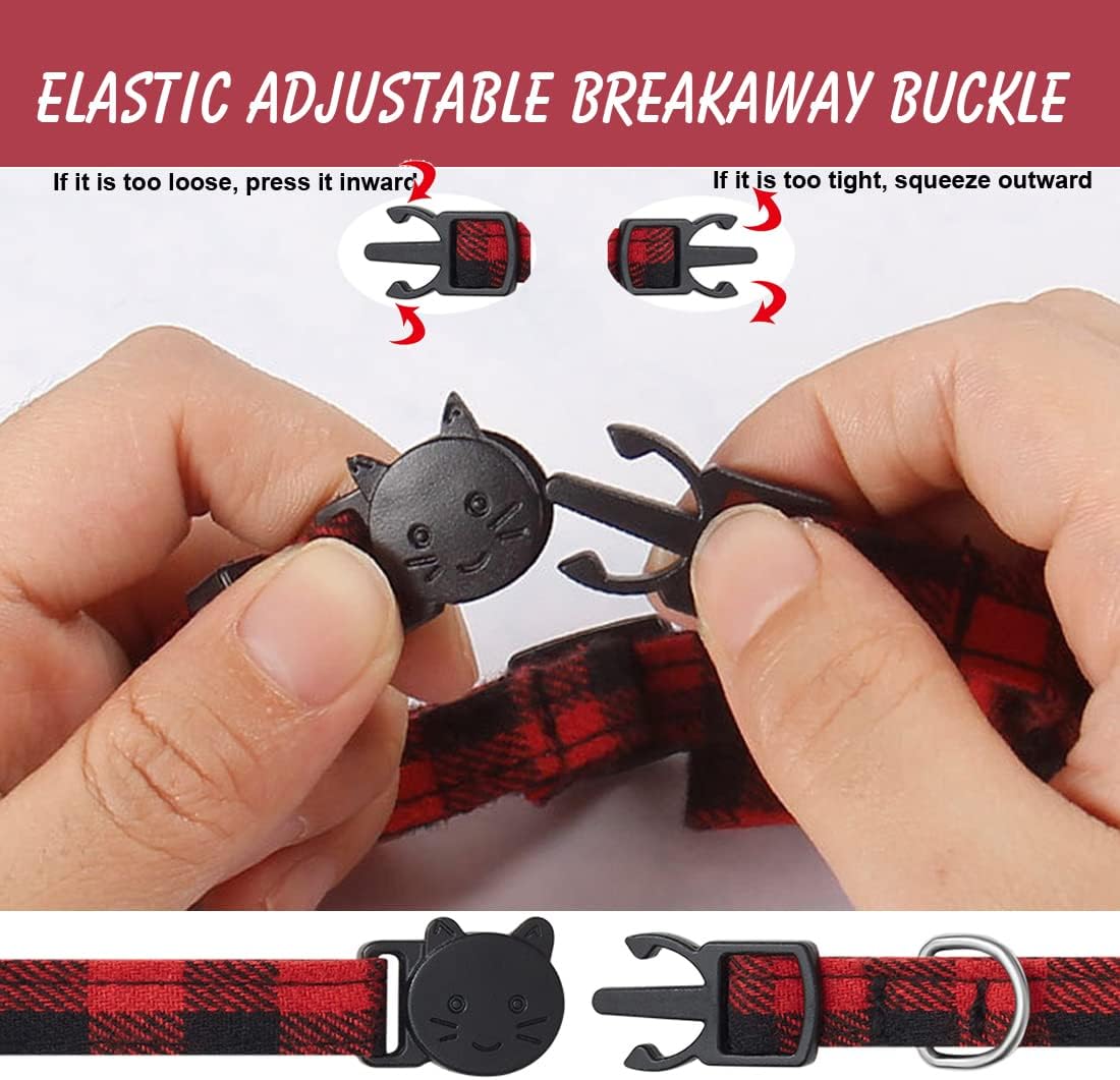 Safe Breakaway Cat Collars 3 Pack with Anti-Lost Name Tag & Bell, Classic Plaid Kitten Collars with Bow Tie, Adjustable 7-12 Inch for Girl Boy Cats