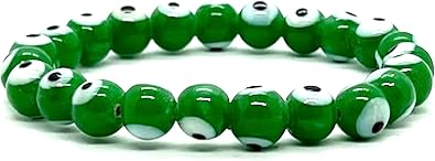 Green Evil Eye Charm Bracelet 8mm Beads, 7 Inches
