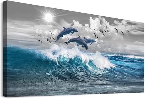 Miniatura 1 de Decoración de pared para sala de estar, lienzo de gran tamaño, arte de pared para dormitorio, olas azules del mar, ilustraciones de pared, arte