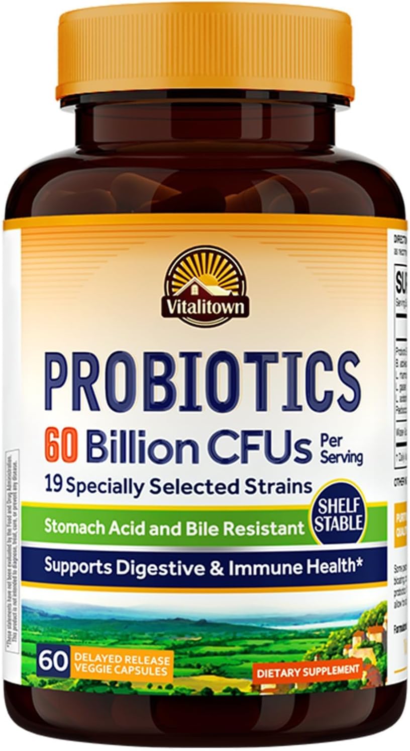 Vitalitown Probiotics + Prebiotics | 60 Billion CFUs 19 Strains | 60 Delayed Release Veg Caps | Shelf Stable, Stomach Acid & Bile Resistant | Digestive & Immune Support | Vegan, Non-GMO, Dairy Free