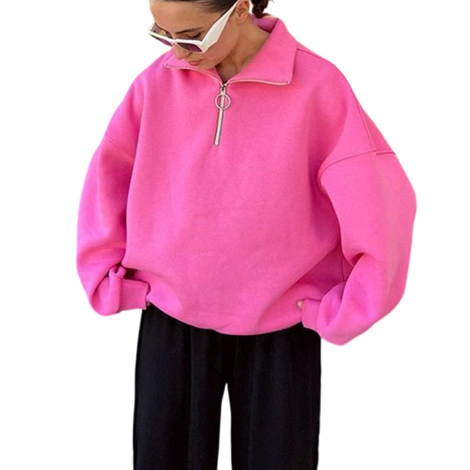 Damskie bluzy z suwakiem ćwierćdługości, polar, długi rękaw, jednolite, casual, luźne bluzy oversize