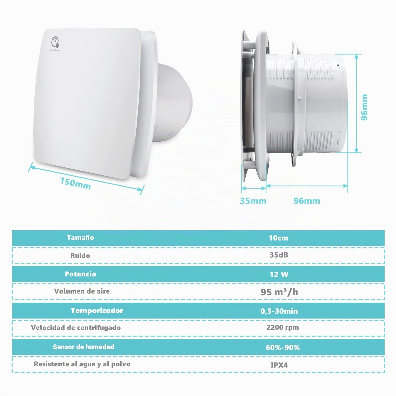 Randaco Ventilador Extractor de Baño silencioso 100 mm con sensor de humedad, para baño, aseo, cocina, blanco