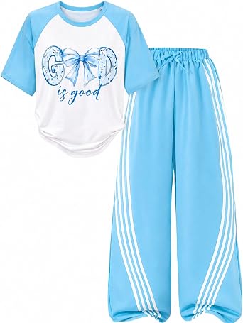 Girls Clothes 2PCS Outfits Bow Letter T-Shirt + Striped Wide Leg Pants Tween Girls Clothing Sets Size 7-14Y