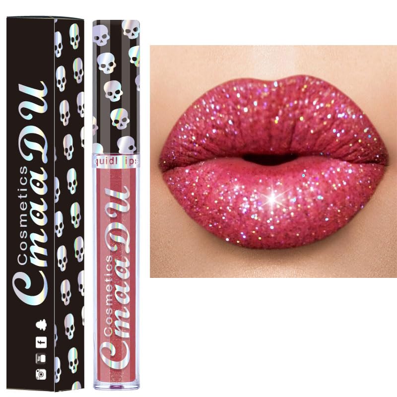 AKARY Lápiz labial líquido brillante de larga duración, diseño de calavera de diamante metálico con purpurina brillante, acabado brillante,