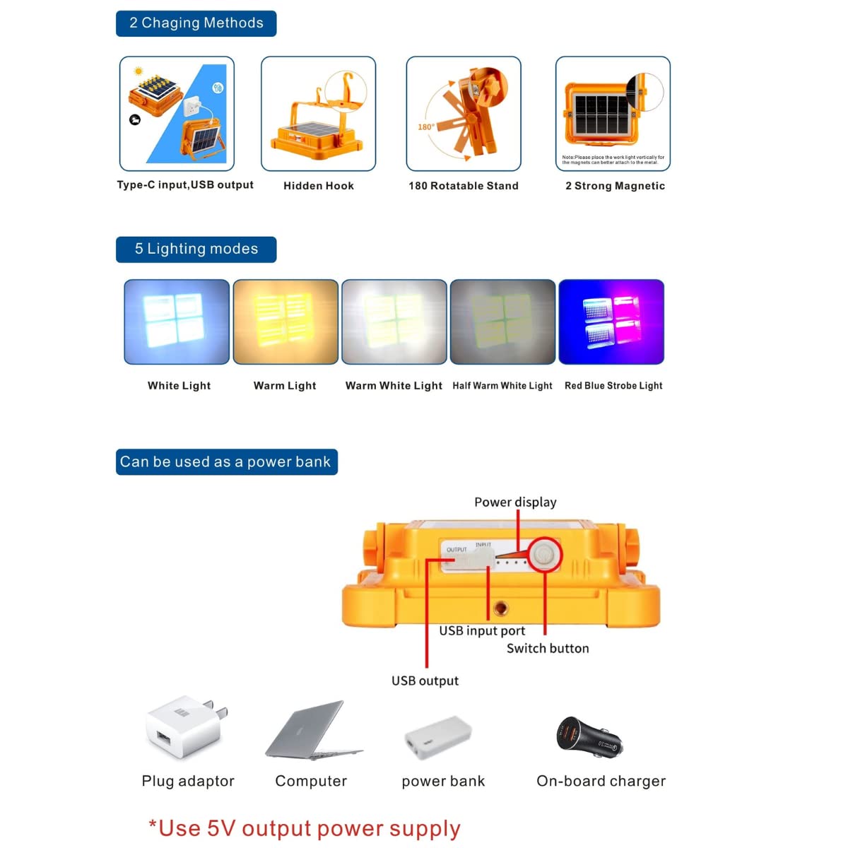 Jandei - Foco LED Recargable 100W, Portátil. 5 modos de Luz/336 LEDs. Con Imán y Soporte. Recargable USB/Solar, Power Bank para móviles. Perfecto para Caravanas, Pesca, Construcción, Camping, Obra