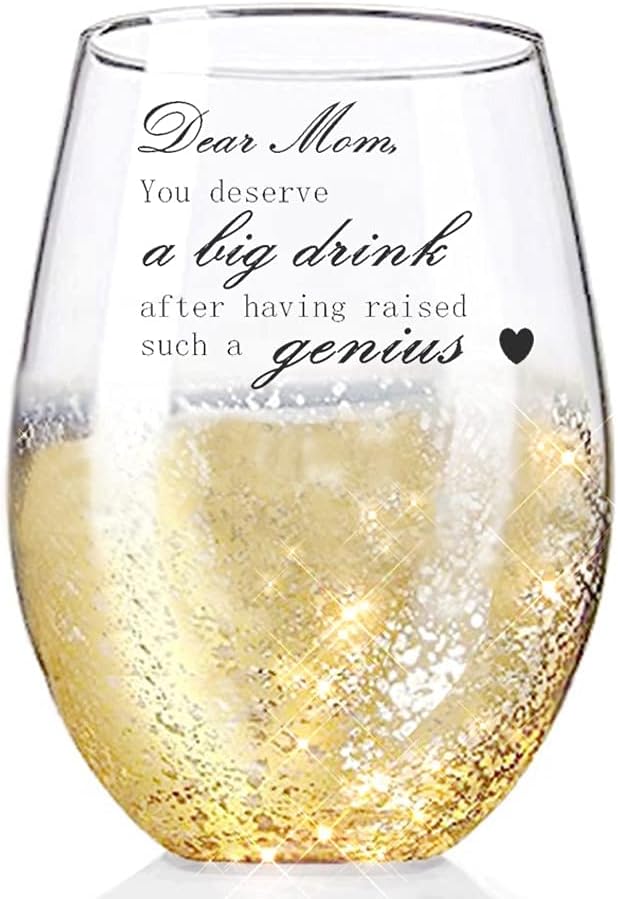 Valentines Day Gifts for Mom, Golden Handmade Etched Wine Glass, Dear Mom You Deserve a Gig Drink after Raising Such a Genius - Image 3