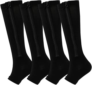 Hotfiary Compression Socks Zipper 20-30mmHg Open Toe Knee High Stockings for Men Women Support Socks Plus Size