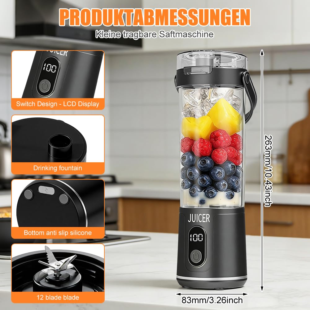 Frullatore portatile da asporto, bottiglia per succo fresco da 600ml, mini frullatore e frullatore per smoothie con 12 lame, senza fili e ricaricabile, frullatore portatile per frullati di frutta