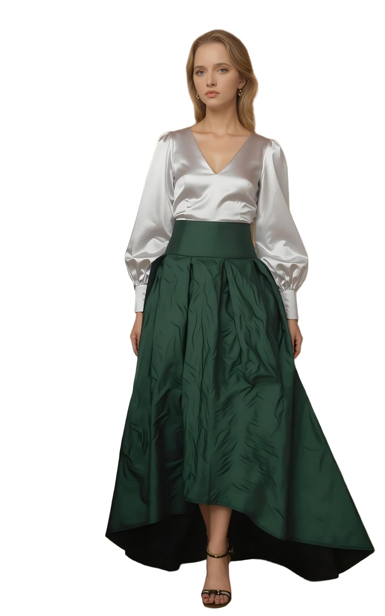 Womens A-Line Pleated Taffeta Skirt with Pockets Front Short Back Long Taffeta Skirts