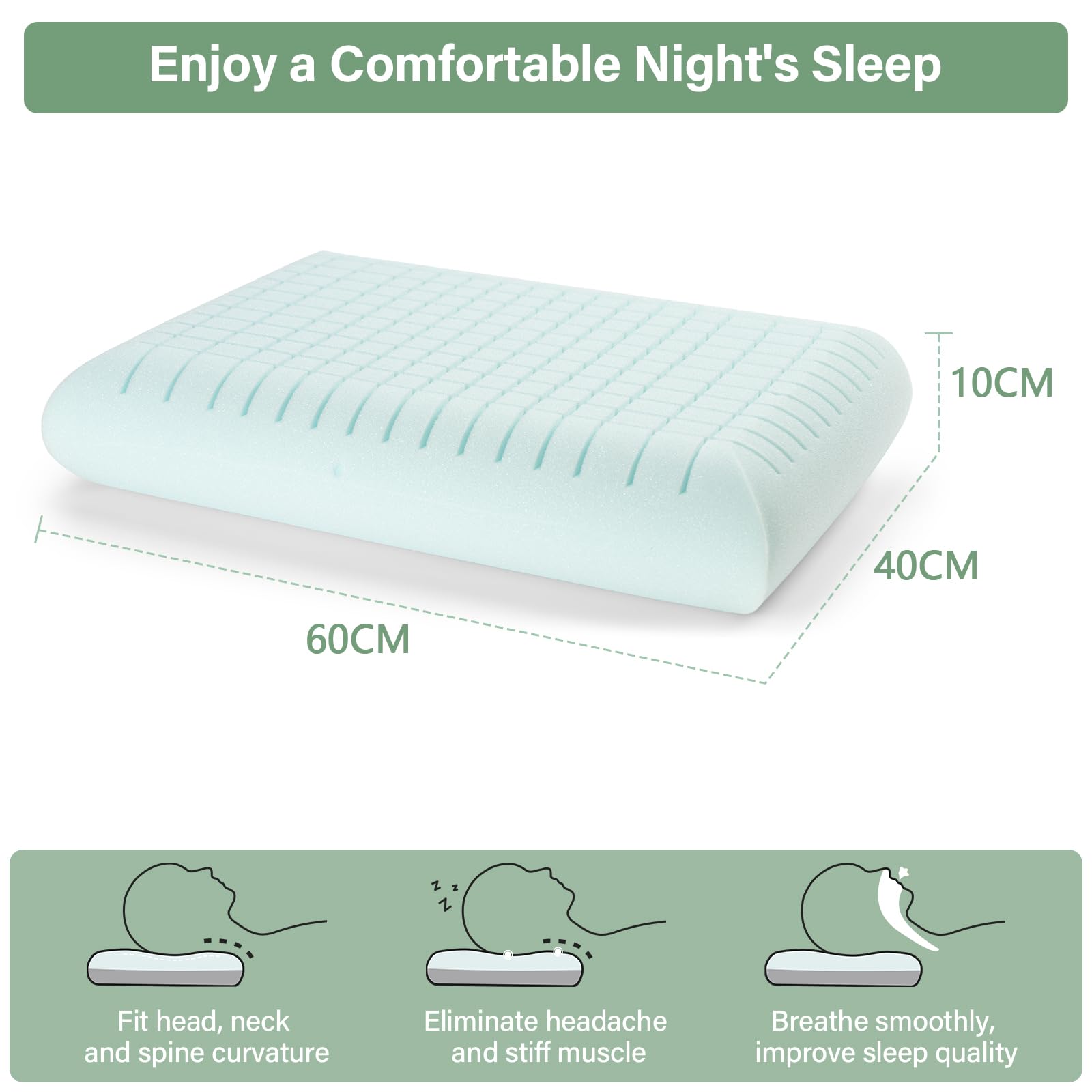 Almohada Viscoelástica 60x40x10cm, Fresca, para Lado y Boca Arriba | Tejido transpirable, Sensación Fresca Durante el Descanso, Funda Extraíble, Fácil Limpieza, Confort Diario
