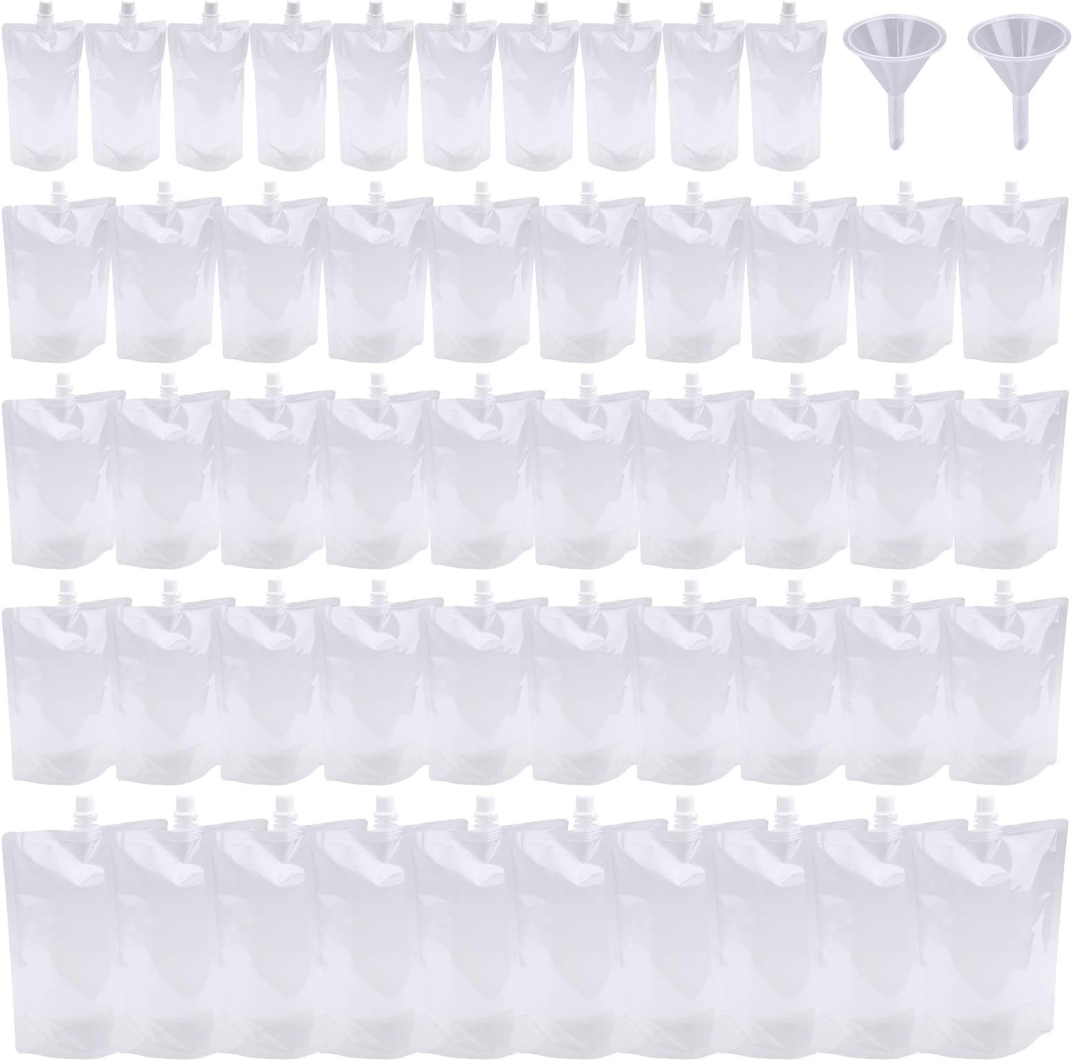 Plastic Drinks Flasks,50 Pieces Reusable Drink Pouches Travel Drink Flasks Liquor Pouch with Spout and 2 Pieces Drink Flask Funnel for Picnic Camping Party Beverage Drinks,100/150/250/380/500 ml