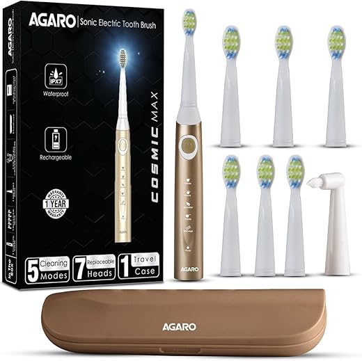 AGARO COSMIC PLUS MAX Sonic Electric tooth brush for adults with 5 modes,7 brush heads,1 interdental head,Carry Case and rechargeable with 4 hours…