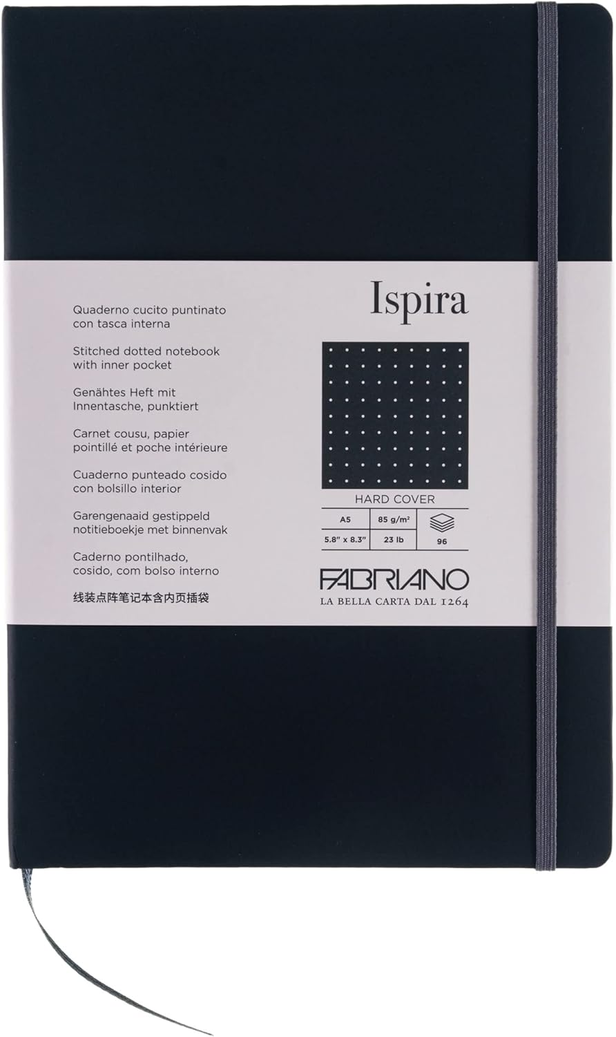 Fabriano Ispira Hard-Cover Notebook, 5.8" x 8.3", A5, Dotted, Black