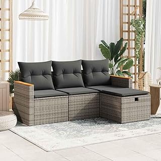 IKAYAA Muebles Jardin Exterior con Almacenamiento de Ratán 4 Piezas, Muebles de Terraza, Muebles de Jardín, Sofa Exterior de Ratán, Sofá Jardín, Conjunto Terraza con Cojines Gris
