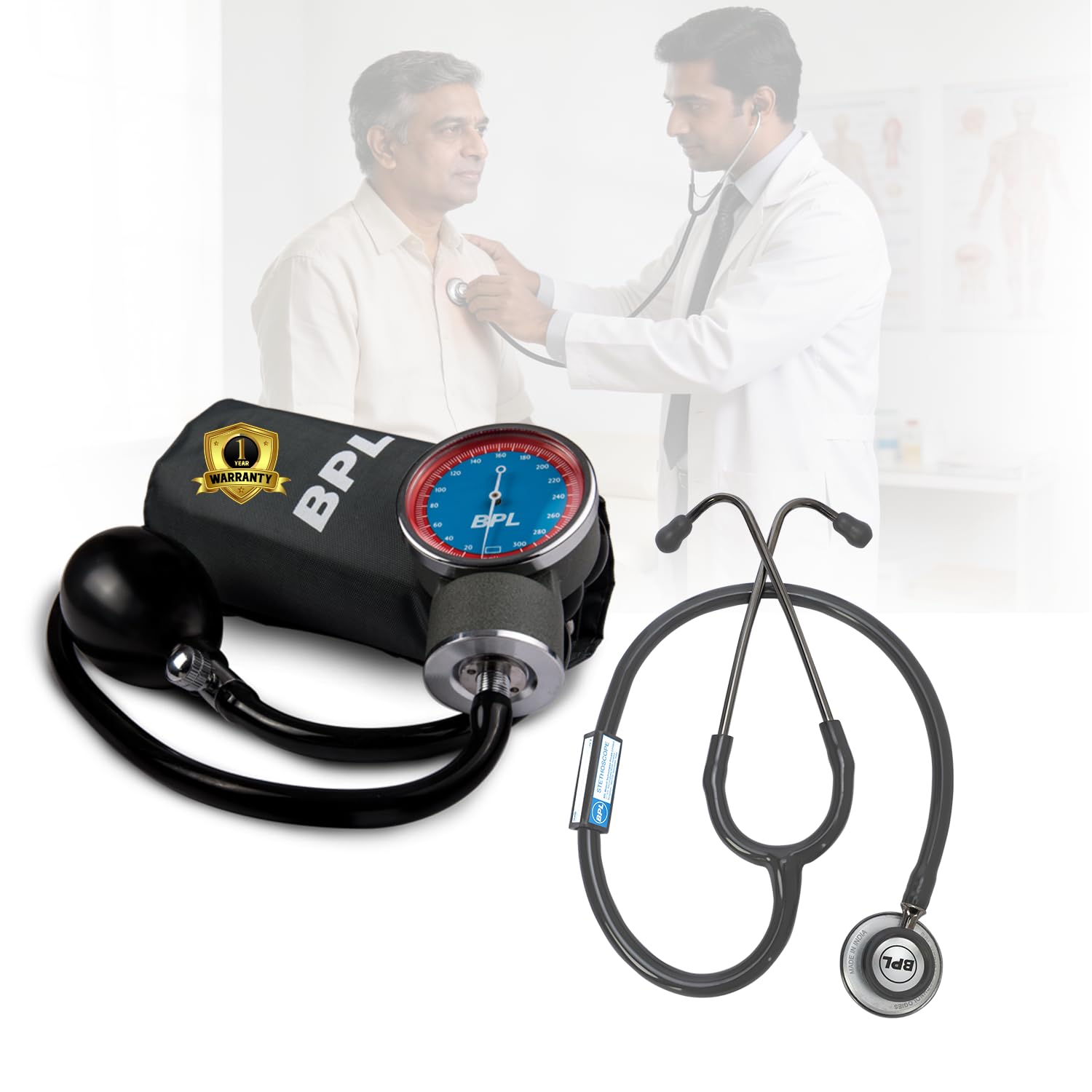BPL Medical Technologies Manual Large Dial Aneroid Sphygmomanometer Blood Pressure Monitor with ST-04 Aluminium Stethoscope