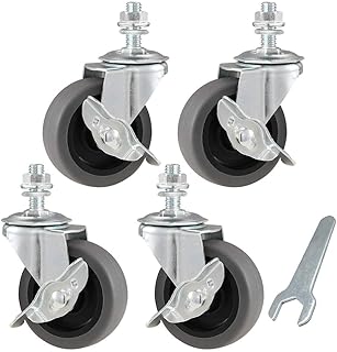 WHARSTM Caster Wheels, 3" Locking Swivel Casters Set of 4, 3/8"-16 x 1" (Screw Diameter 3/8", Screw Length 1") Casters, Rubber Casters with 360 Degree No Noise Castor Wheels, Stem Casters with Brake