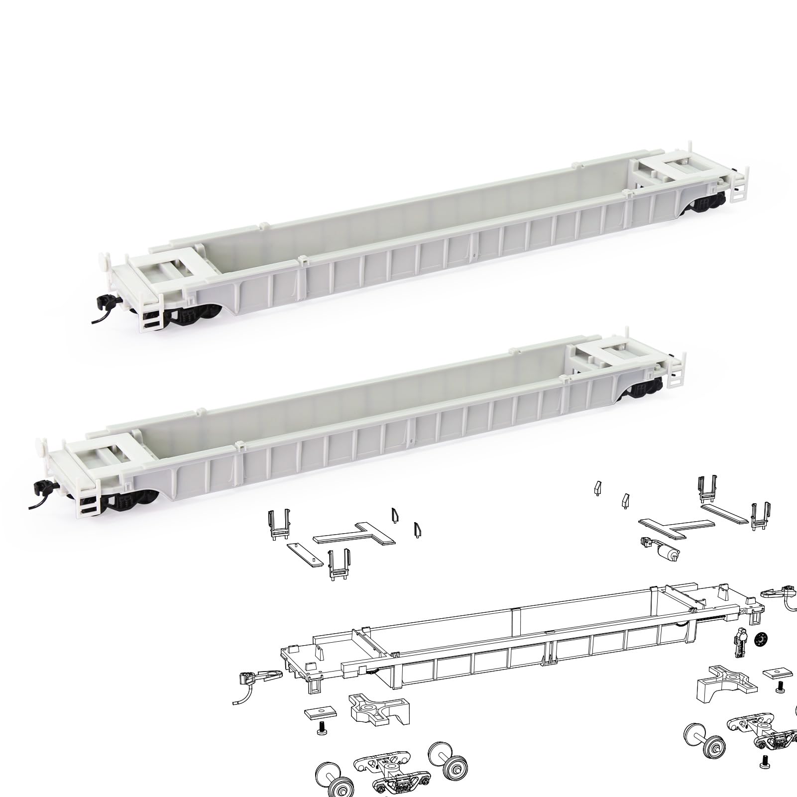 2pcs HO Scale 1:87 Blank Unassembled White 40' and 53' Well Car Model Railway Wagon (2pcs 49ft Well car)