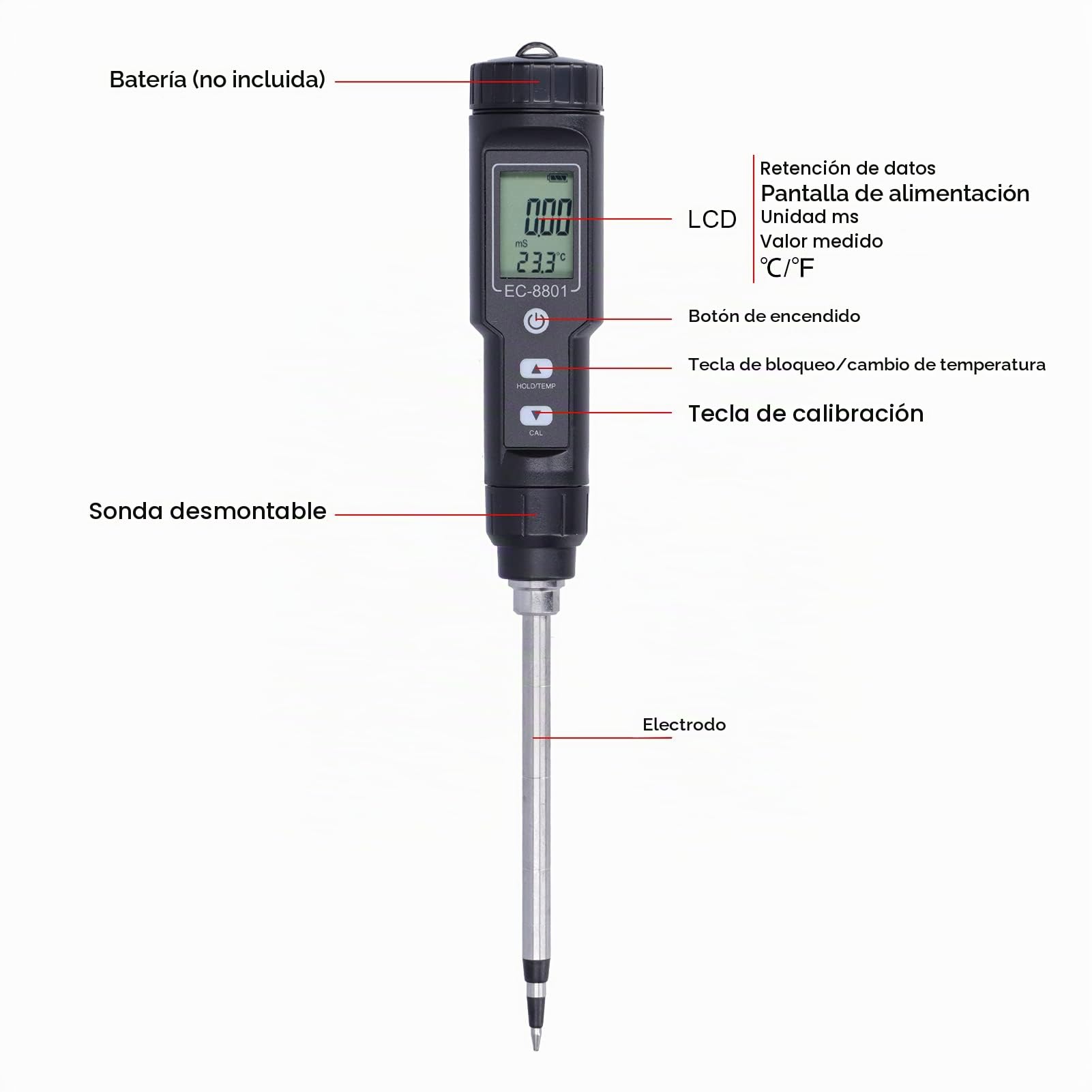 Medidor de EC de suelo directo digital Probador de temperatura de conductividad eléctrica Detector de fertilidad de nutrientes del suelo para flores Hierba Planta Jardín Granja Césped