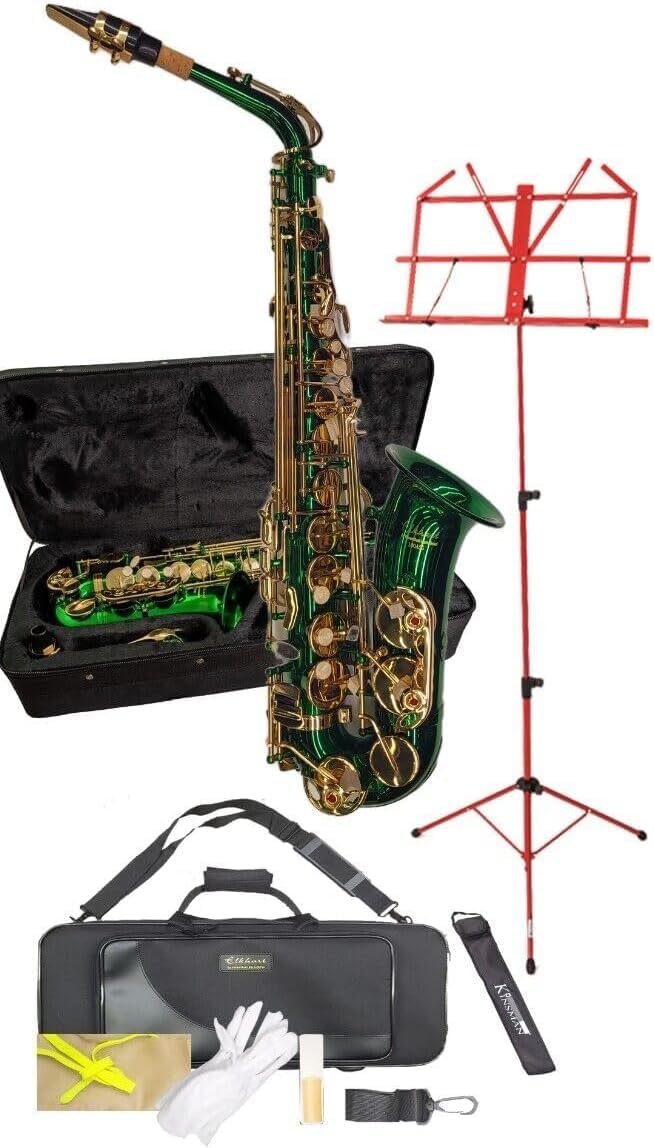 ChaseElkhart Vincent Bach by Chase E-Flat Green Alto Saxophone Package - Saxophone, Vincent Bach Deluxe Saxophone Case, Music Stand with Bag, Microfibre Cloth, Straps & Gloves
