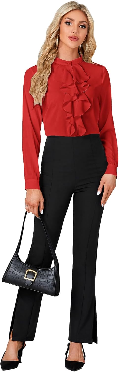 LYANER Women's Mock Neck Button Down Ruffle Front Long Sleeve Work Shirt Blouse Tops - Image 6