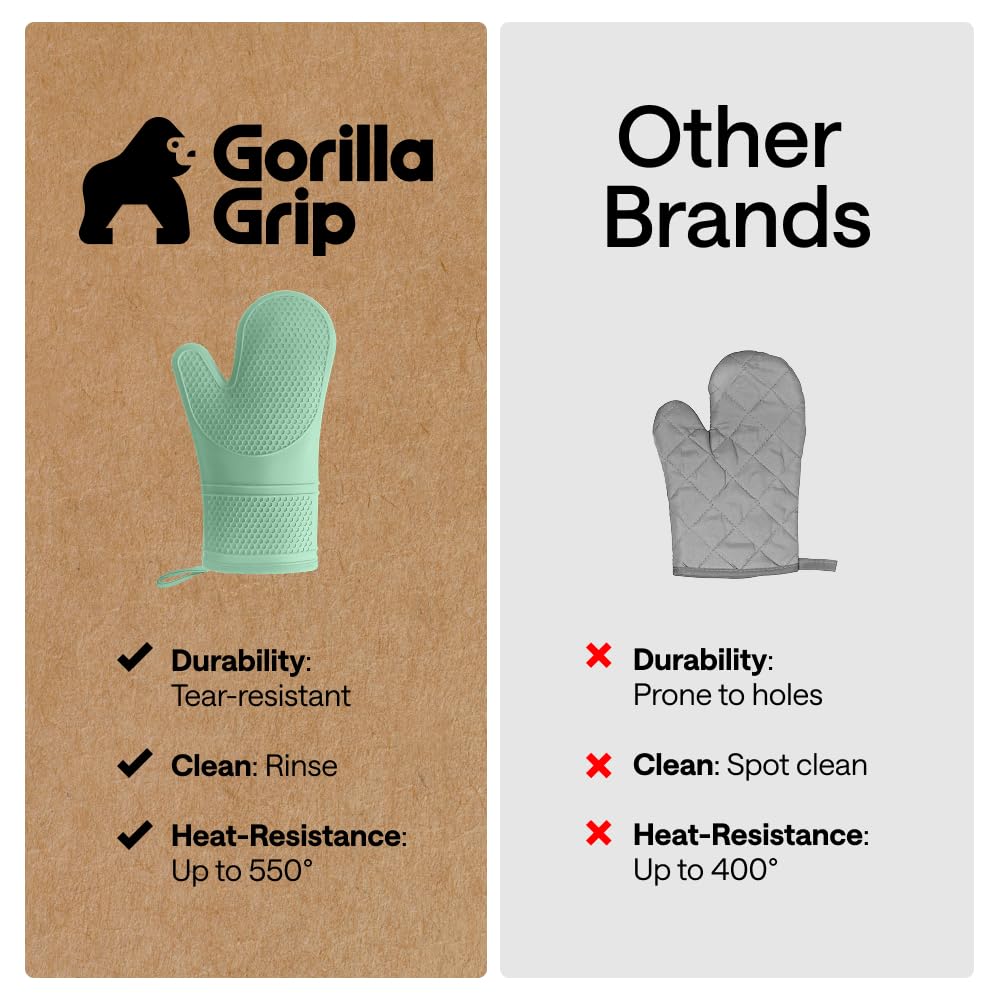 GORILLA GRIP Manoplas de horno de silicona suave sin BPA, guantes de seguridad impermeables resistentes al calor 550F, forro de algodón grueso, agarre flexible para barbacoa, juego de agarraderas de